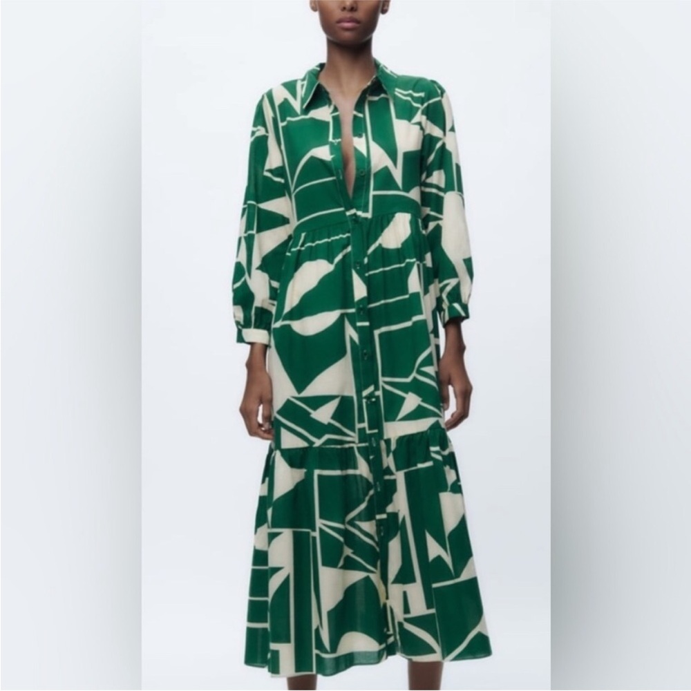 Zara Green and Off White Geometic Print Long Dress